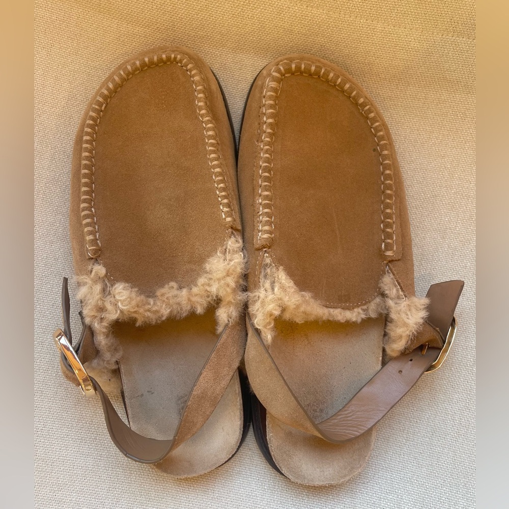 ZARA Tan Sling Back Suede Fur Lined Mule Loafer Slippers with Gold Buckle - Picture 2 of 7